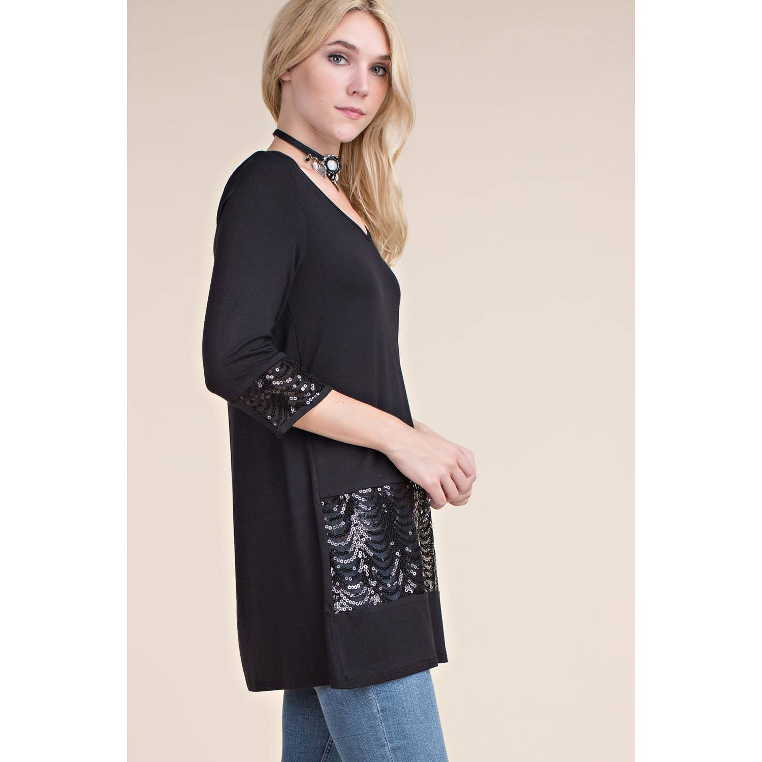 VOCAL BRAND V-NECK TUNIC TOP OR DRESS SEQUIN DETAIL ON SLEEVE & BOTTOM