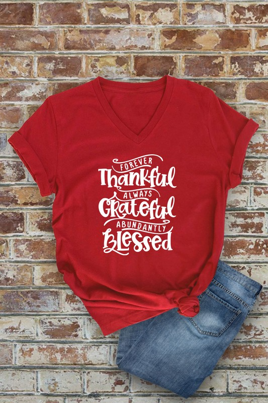 Red Short Sleeve V Neck Thankful, Grateful, Blessed