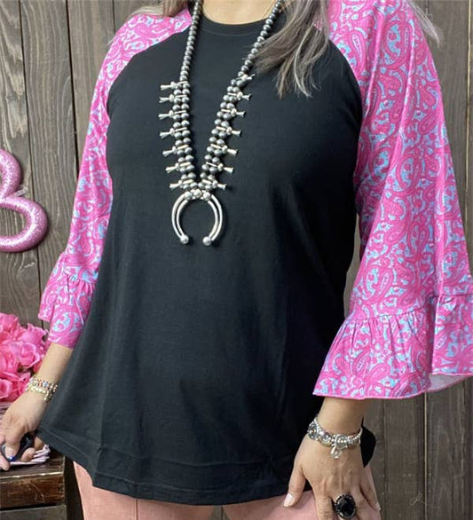 Southern Stitch Black Knit Top with Purple & Blue Printed Raglan Sleeves, Sizes S-3X | Charlotte's Classy Closet 