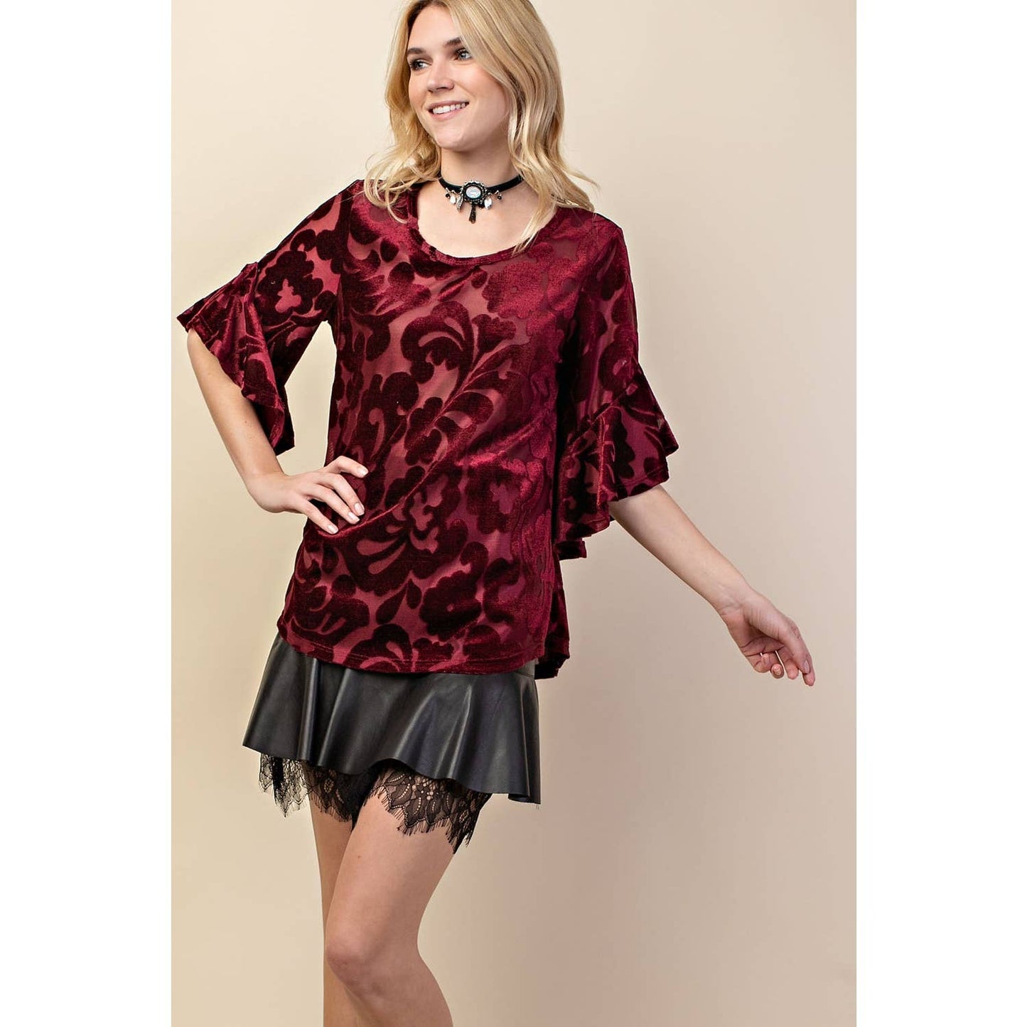 Vocal Velvety Ruffle Waterfall Sleeve Dressy Top - Stunning Print - Black - Sizes S-XL