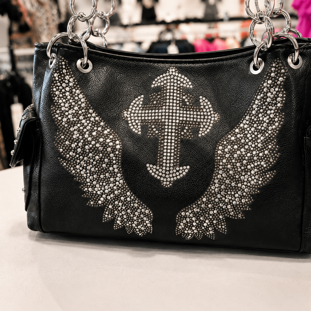 Black Rhinestone Wing & Cross Shoulder Bag | Chain Strap Handbag