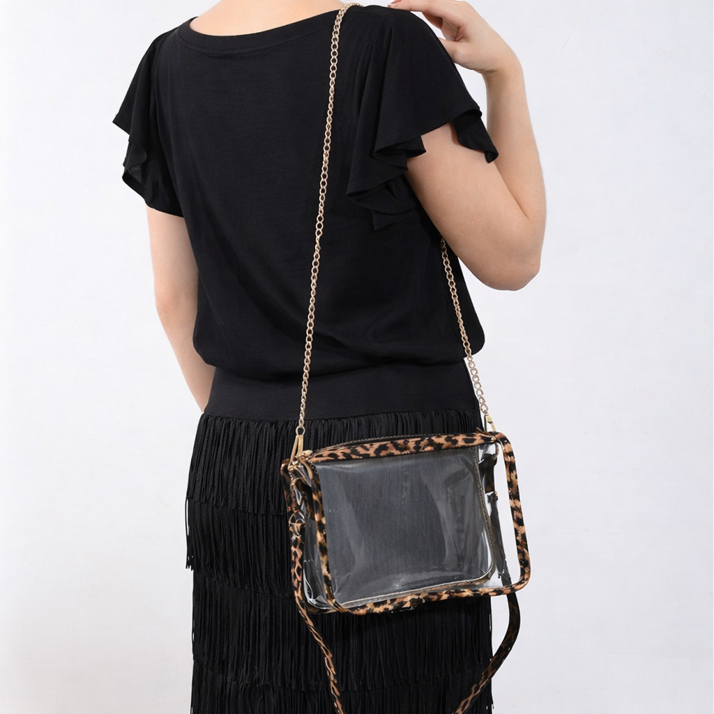 CLEAR STADIUM WITH BOTH CHAIN & FAUX LEATHER STRAP CROSSBODY HANDBAG | TRIM IN LEOPARD PRINT OR GOLD