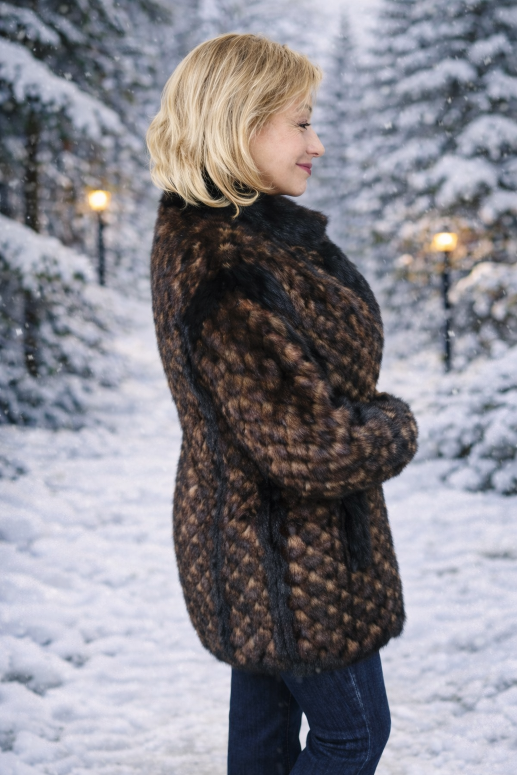 Genuine Fur Coat Mink | Exquisite Diamond Shaped Pattern in Multicolor Brown & Black | Size Medium | Charlotte's Classy Closet
