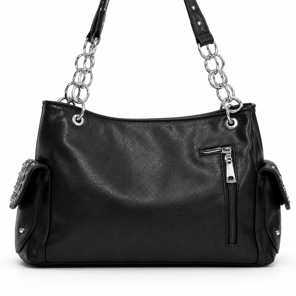 Black Rhinestone Wing & Cross Shoulder Bag | Chain Strap Handbag