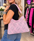 Rhinestone And Beaded Fringe Hobo Handbag - Pink