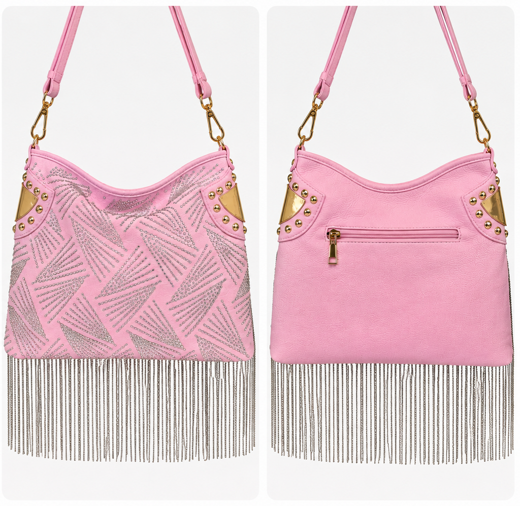 Rhinestone And Beaded Fringe Hobo Handbag - Pink