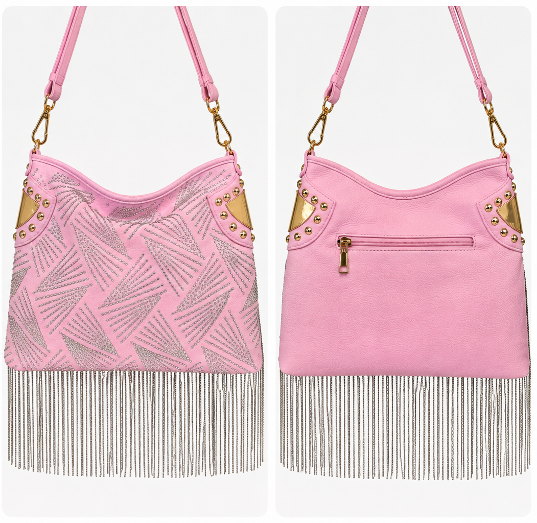 Rhinestone And Beaded Fringe Hobo Handbag - Pink