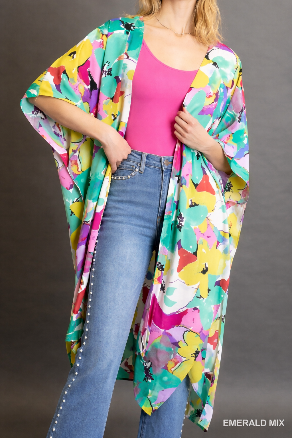 UMGEE OPEN FRONT LONG FLORAL PRINT KIMONO STYLE CARDIGAN