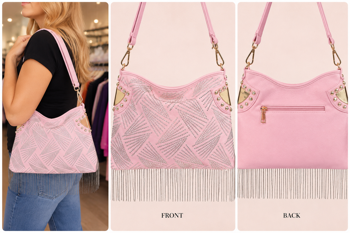 Rhinestone And Beaded Fringe Hobo Handbag - Pink