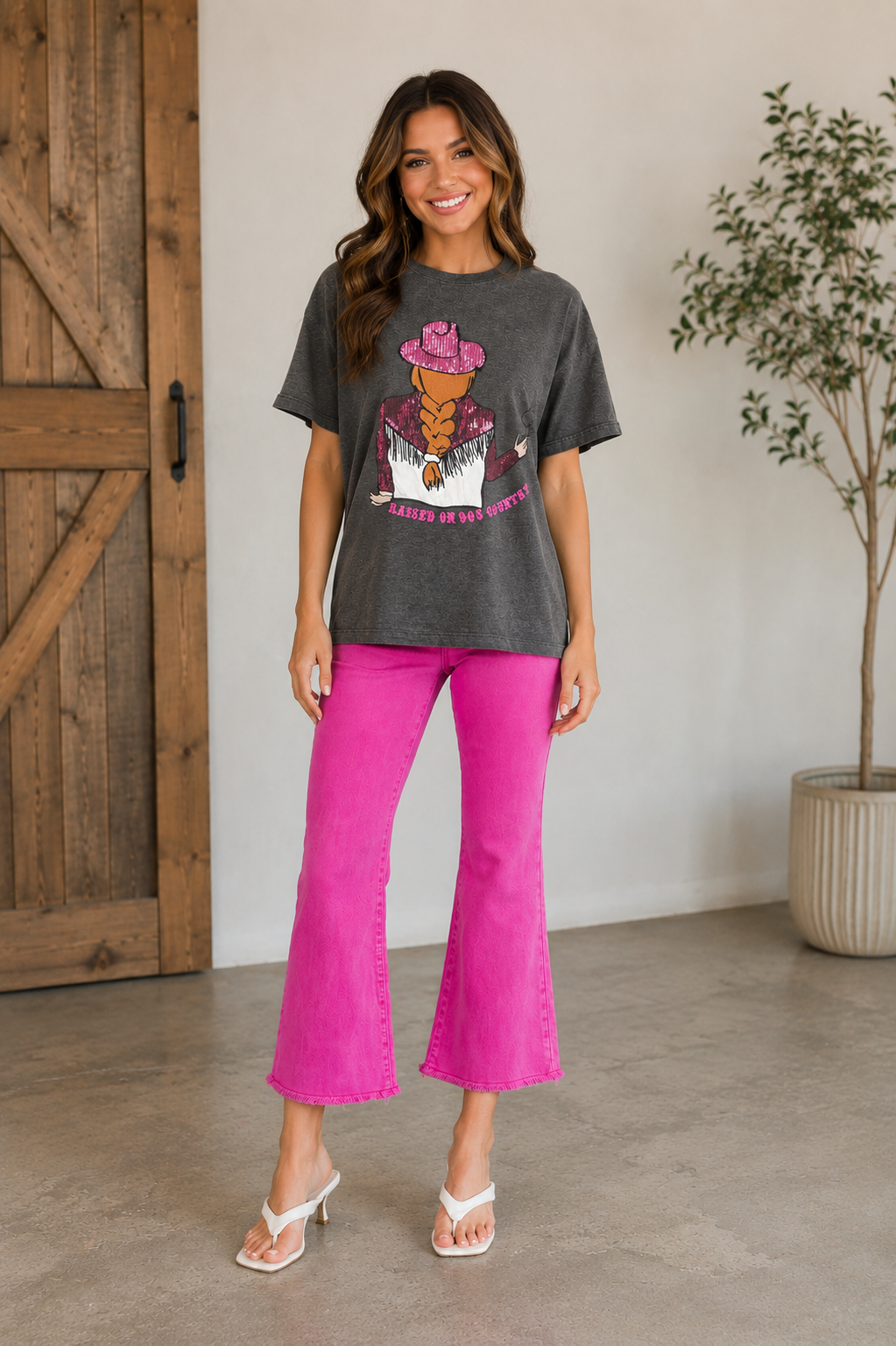 "RAISED ON 90'S COUNTRY" EMBROIDERY & SEQUIN COWGIRL S/S T-SHIRT | Large Only