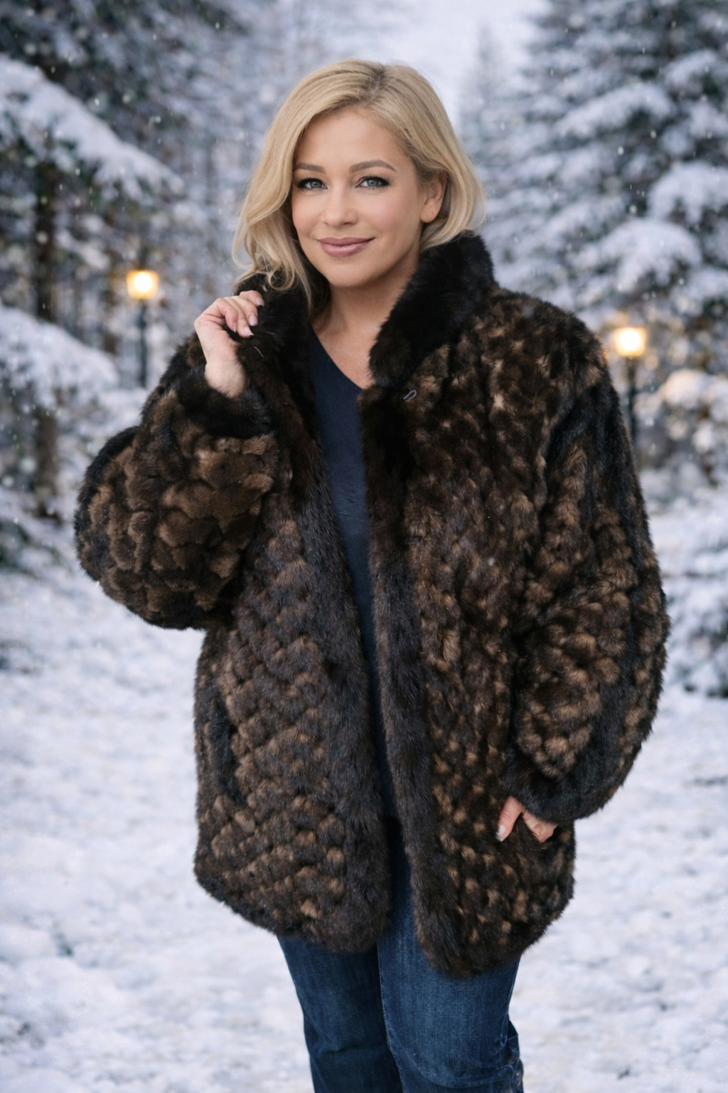 Genuine Fur Coat Mink | Exquisite Diamond Shaped Pattern in Multicolor Brown & Black | Size Medium | Charlotte's Classy Closet