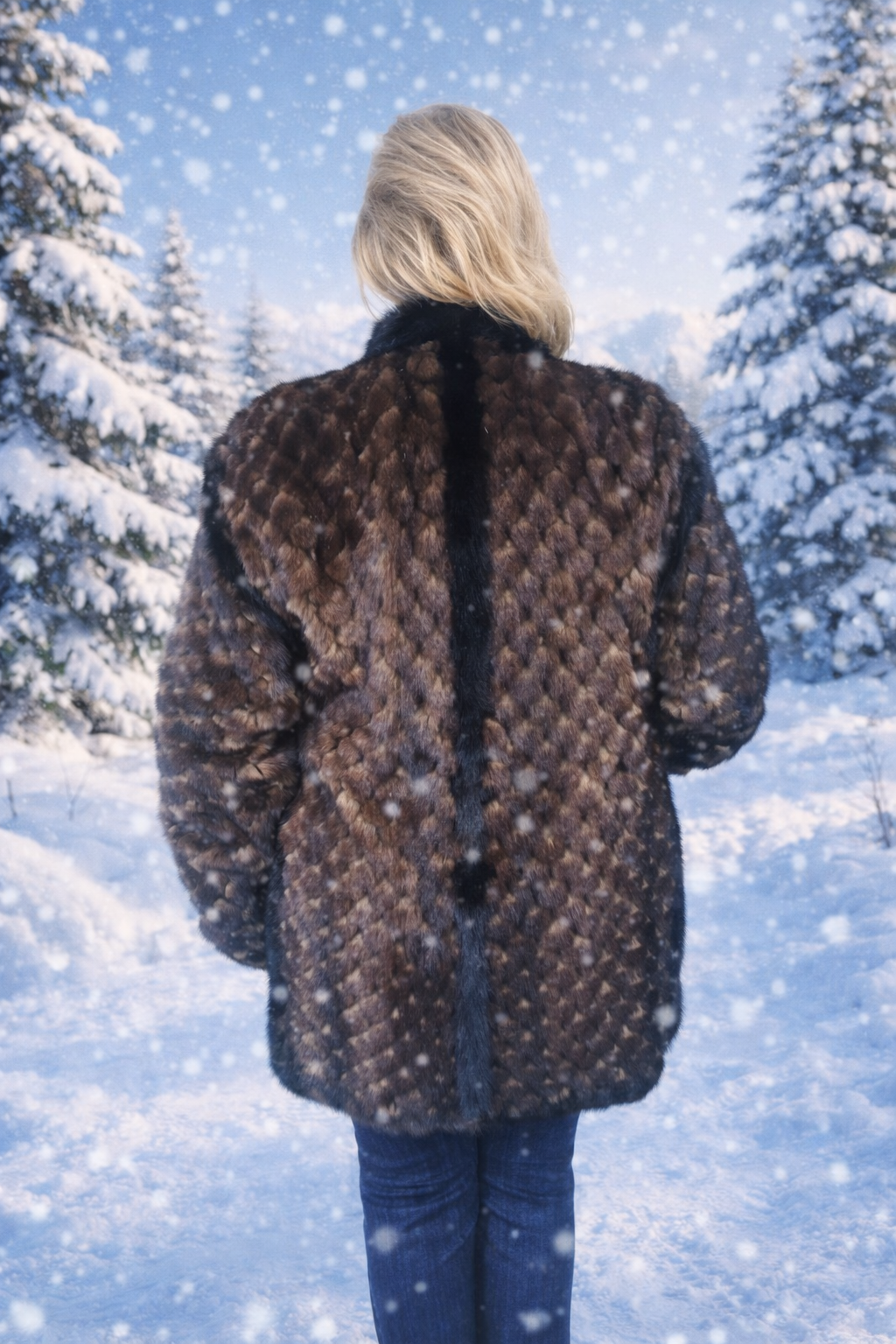 Genuine Fur Coat Mink | Exquisite Diamond Shaped Pattern in Multicolor Brown & Black | Size Medium | Charlotte's Classy Closet
