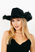 BLACK FAUX LEATHER SUEDE COWBOY PARTY HAT RIMMED IN SPARKLING FEATHERS