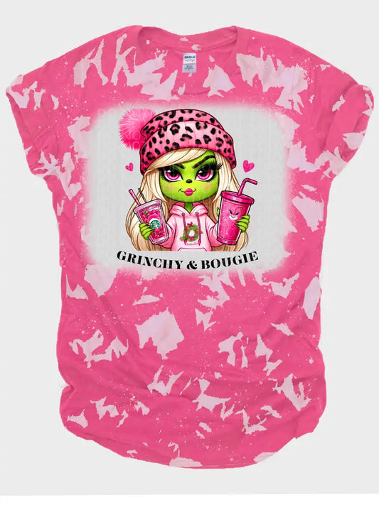 Pink Girl Grinch "Grinchy & Bougie" Christmas Bleached T-Shirt | Charlotte's Classy Closet
