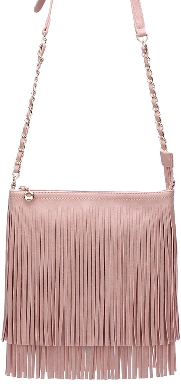 Handbag - Rose Pink Faux Leather Crossbody Bag With Fabulous Fringe Trim