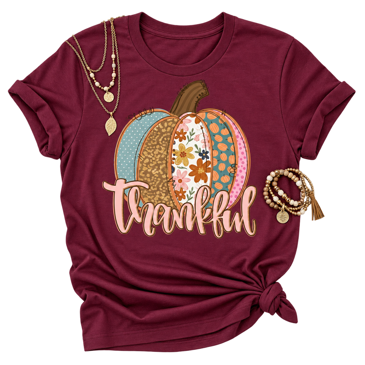 Burgundy Thankful Pumpkin Graphic T-Shirt