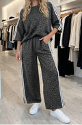 Dark Gray Leopard Print Varsity Stripe Matching Pant Set | Oversized Top & Wide Leg Pants | S–XL