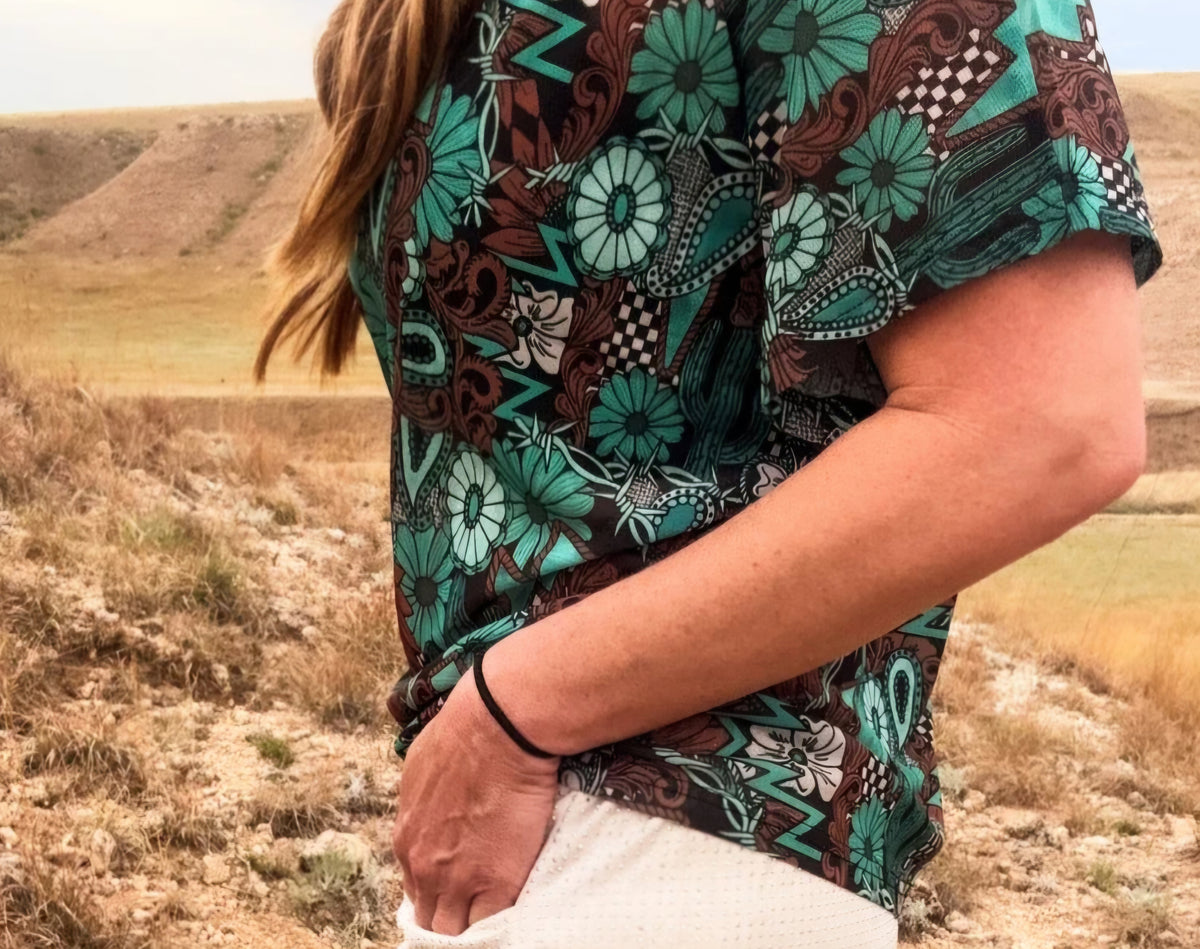 Sterling Kreek Turquoise & Brown Western Print Mesh Short Sleeve Top