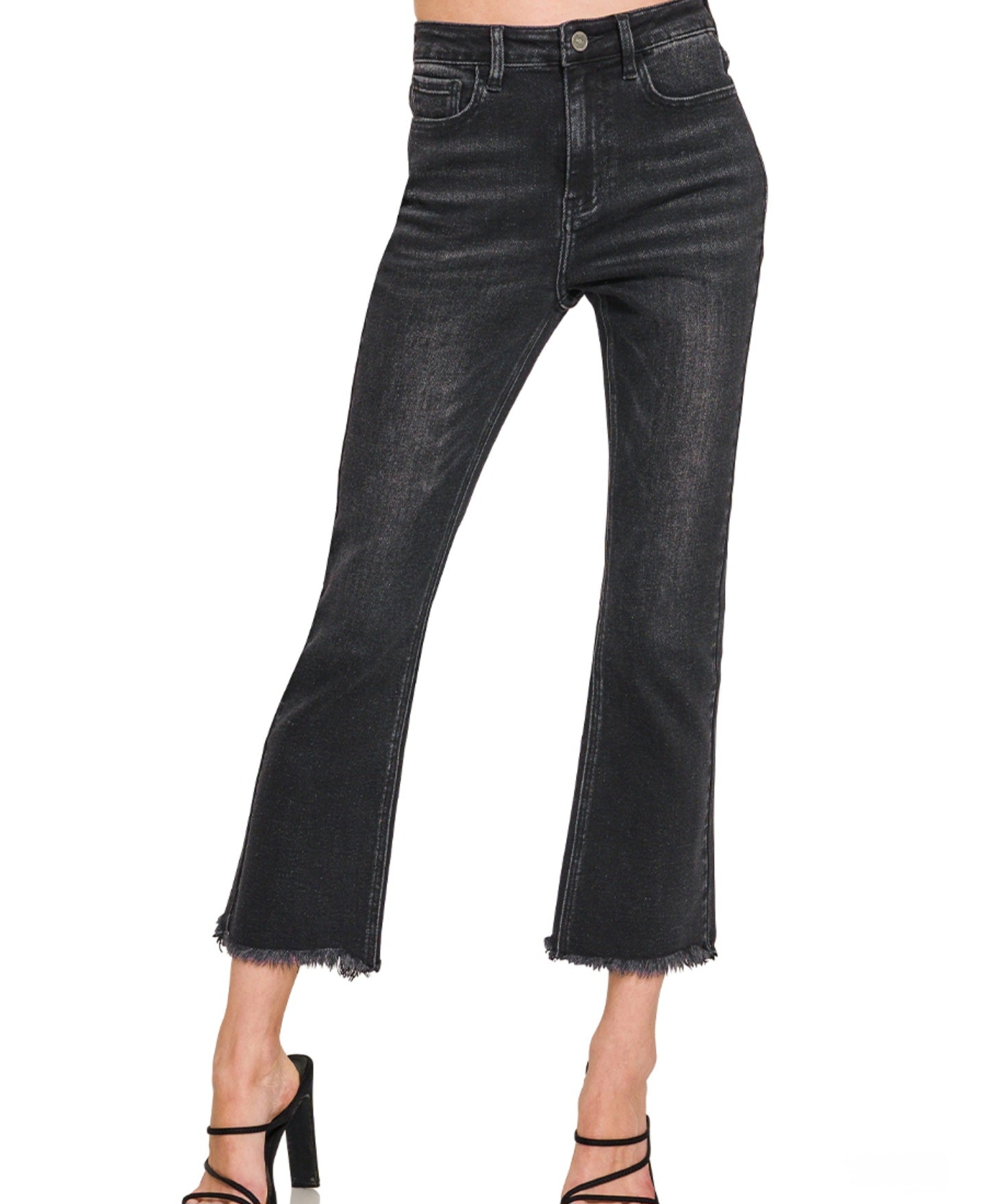 ZENANA HIGH RISE SUPER CUTE STRAIGHT RAW HEM CROPPED DENIM JEANS | Black | Charlotte's Classy Closet