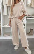 Beige Leopard Print Varsity Stripe Matching Pant Set | Oversized Top & Wide Leg Pants | S–XL