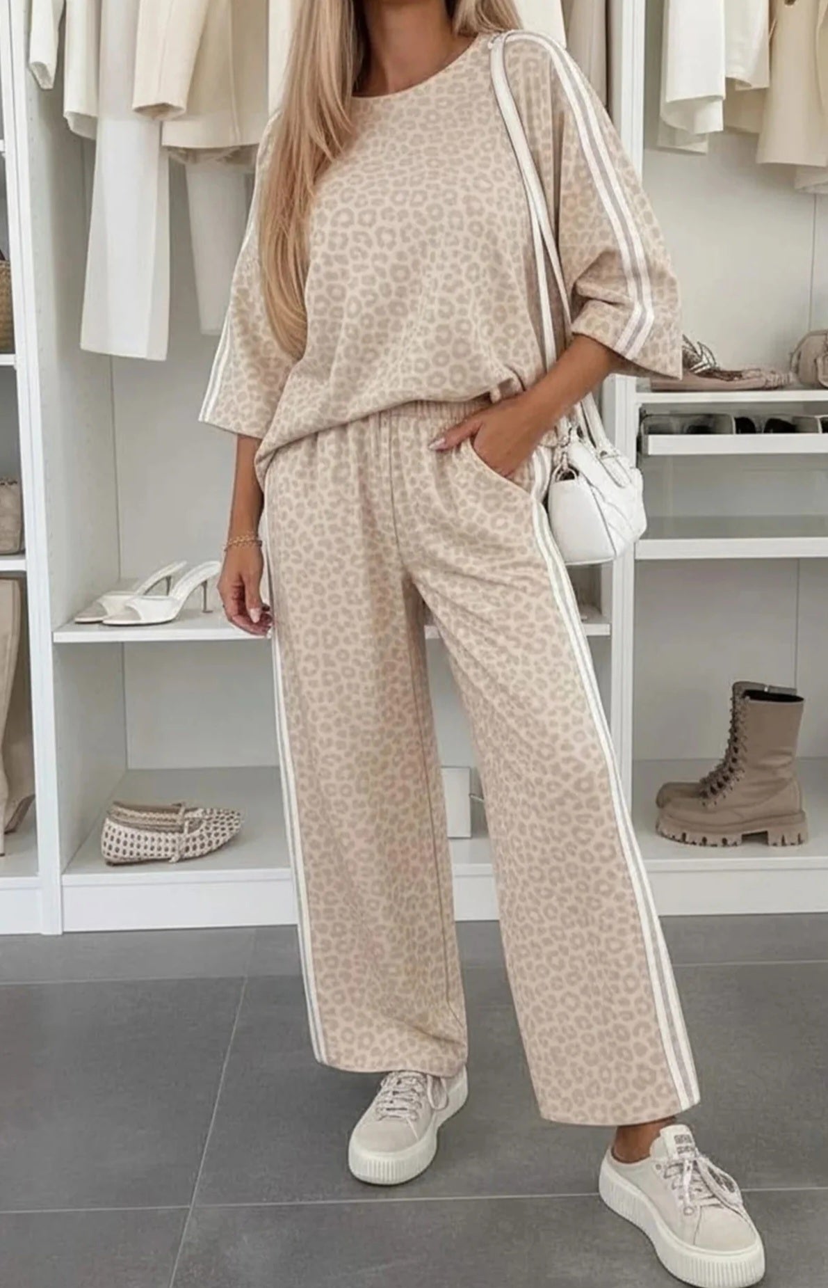 Beige Leopard Print Varsity Stripe Matching Pant Set | Oversized Top & Wide Leg Pants | S–XL