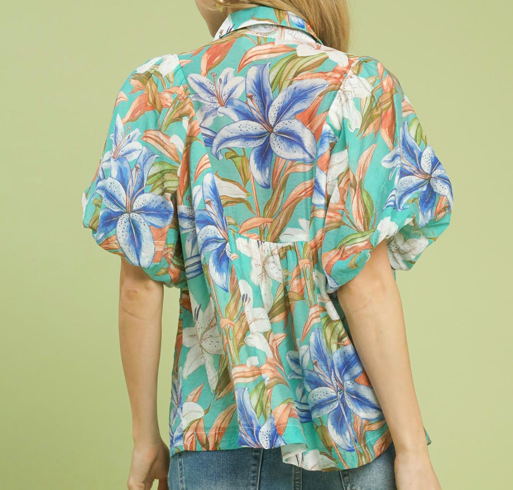 Umgee Multi-Color Mix Tropical Floral Puff Sleeve Top