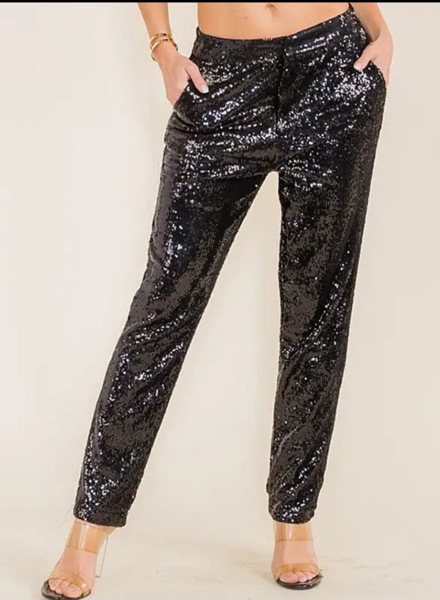 Black Fully Lined Straight Fit Sequin Pants
