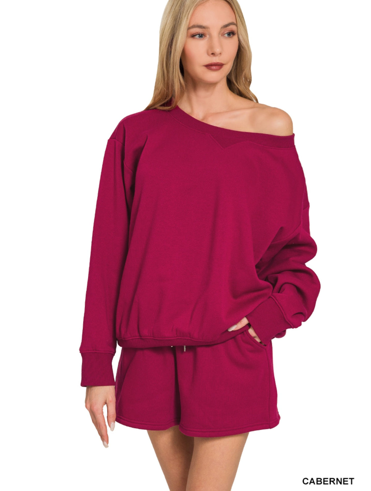 Activewear Fleece Raglan Sleeve Top Matching Shorts Set | Bright Navy or Cabernet Red