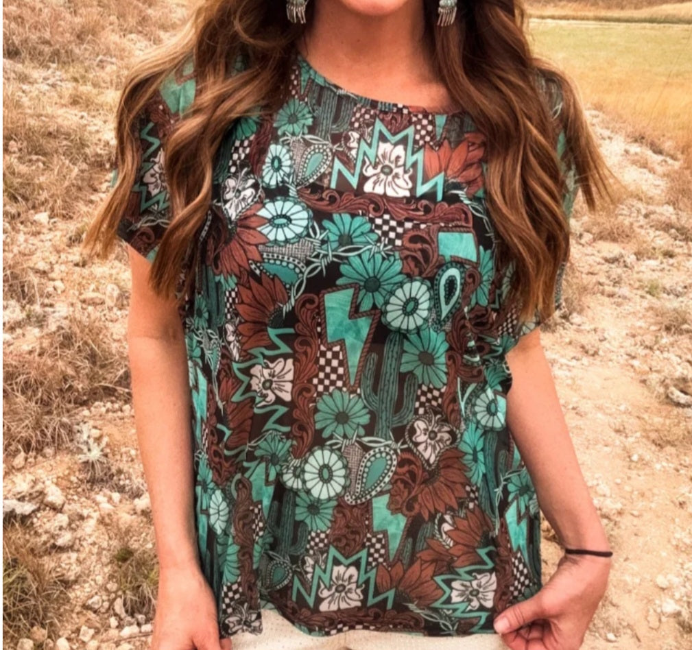 Sterling Kreek Turquoise & Brown Western Print Mesh Short Sleeve Top