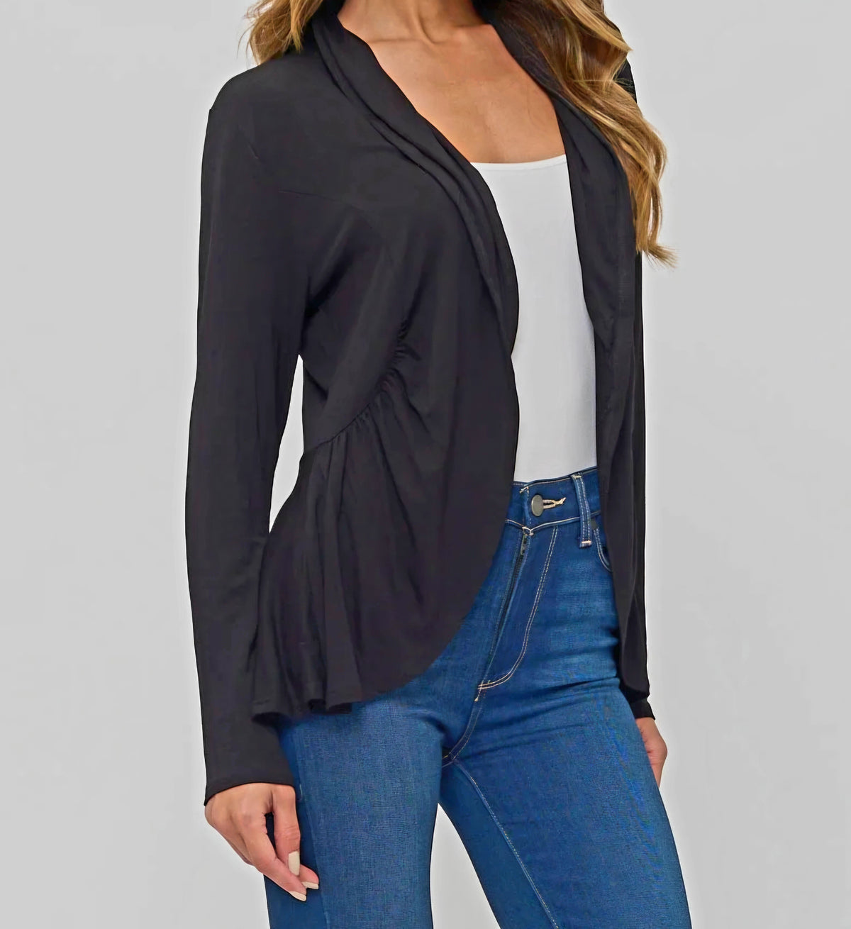 Perseption Black Open Front Cardigan – High Low Hem, Long Sleeve