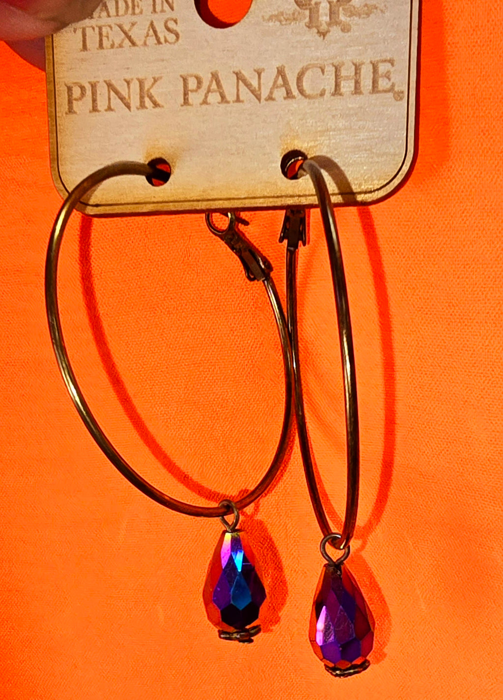 Pink Panache Bronze Hoop Dark Multi Color Austrian Crystal Drop Charm Earrings