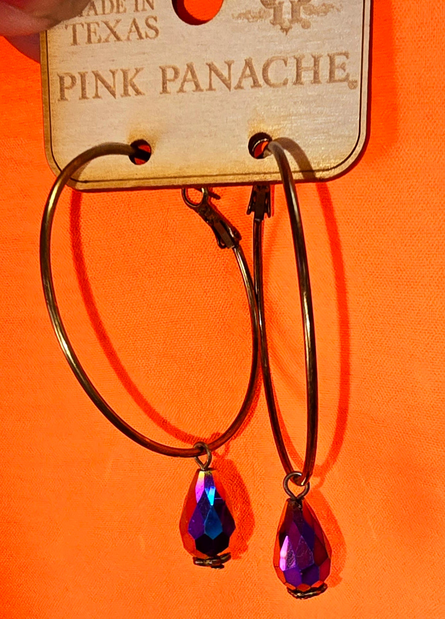 Pink Panache Bronze Hoop Dark Multi Color Austrian Crystal Drop Charm Earrings
