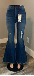 YMI Fabulous Fitting Flare Bell Bottom Jeans | Dark Distressed Denim