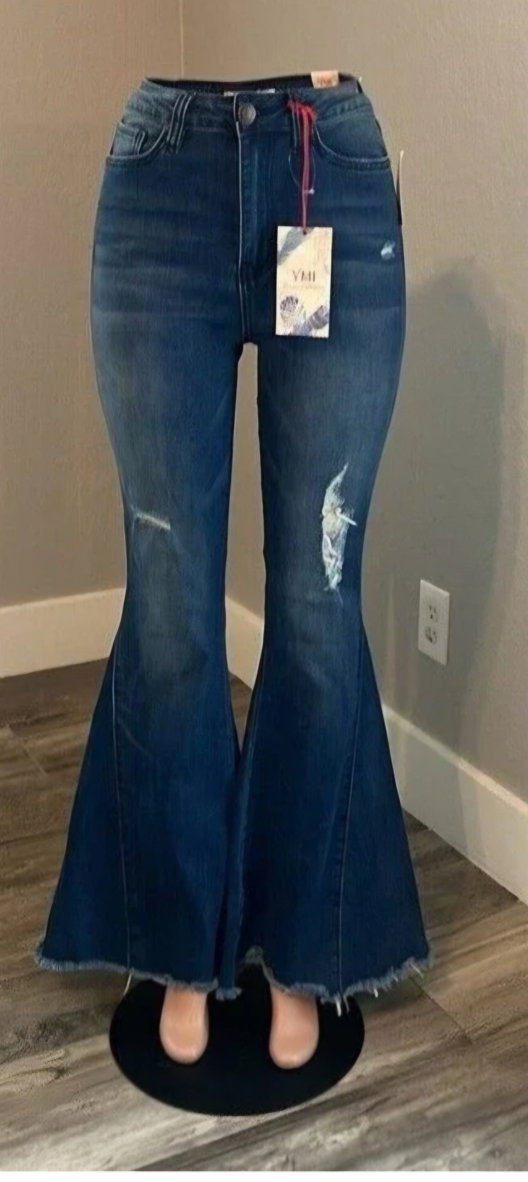 YMI Fabulous Fitting Flare Bell Bottom Jeans | Dark Distressed Denim