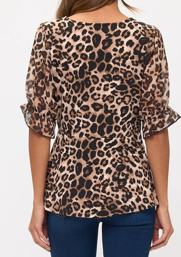 Leopard Print Side Twist Top with Ruffle Elbow Sleeves