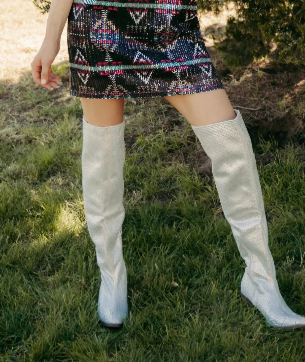 Sterling Kreek Vegas Vibes Over-the-Knee Boots | Silver Rhinestone Faux Leather