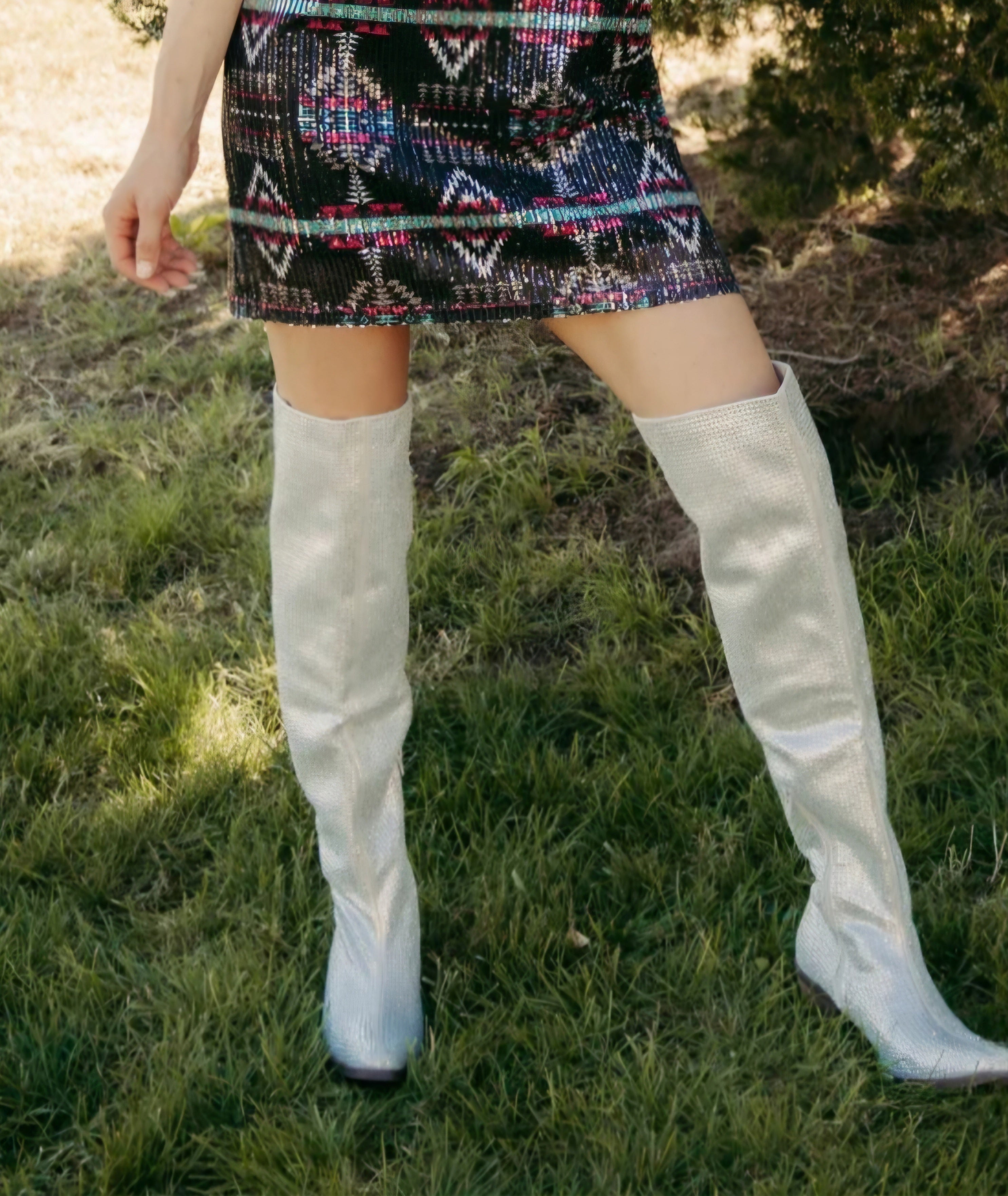 Sterling Kreek Vegas Vibes Over-the-Knee Boots | Silver Rhinestone Faux Leather