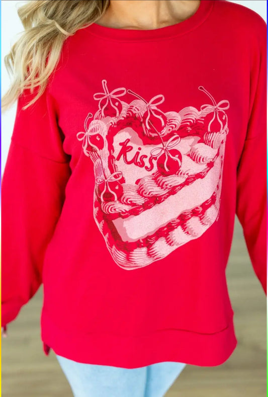 Christmas Holiday Long Sleeve Red "Kiss Cake" Microfleece Top