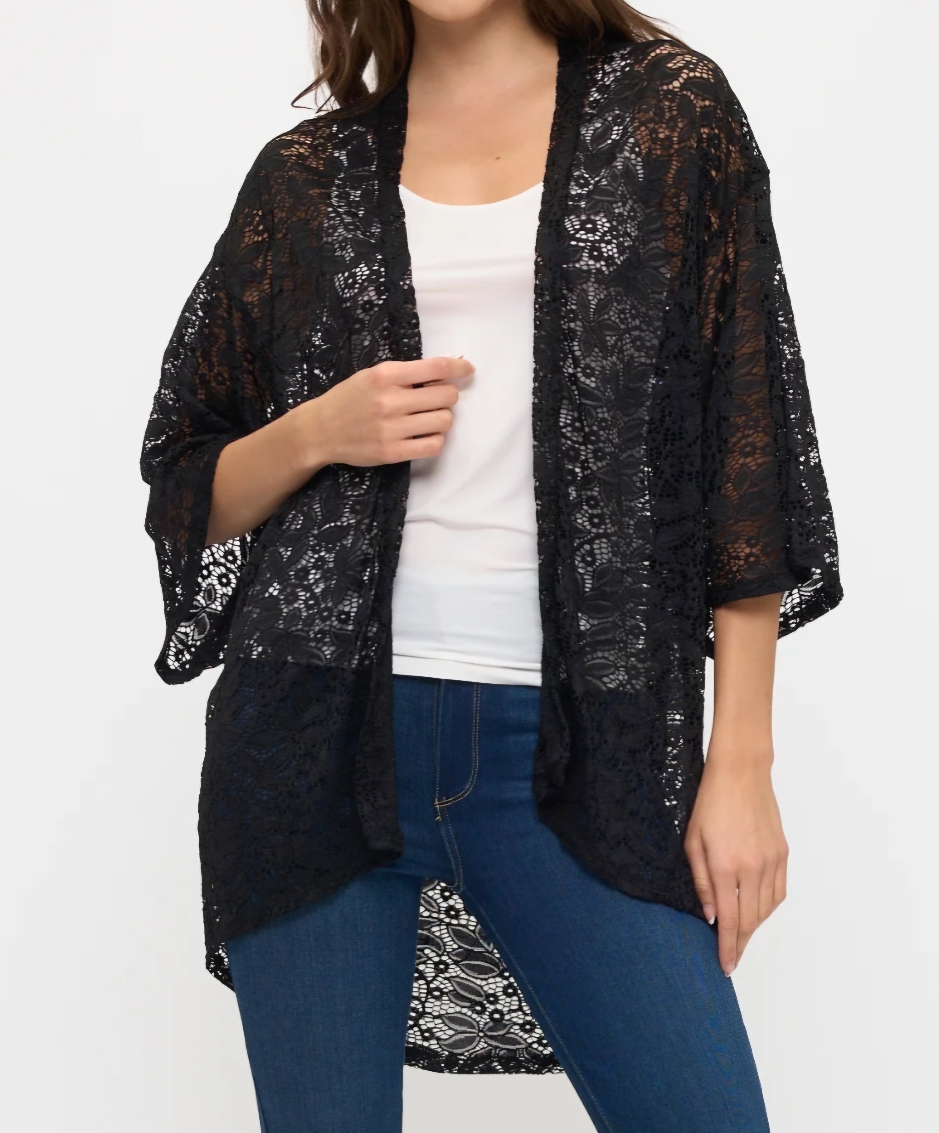 Black Floral Lace Kimono Cardigan with 3/4 Bell Sleeves
