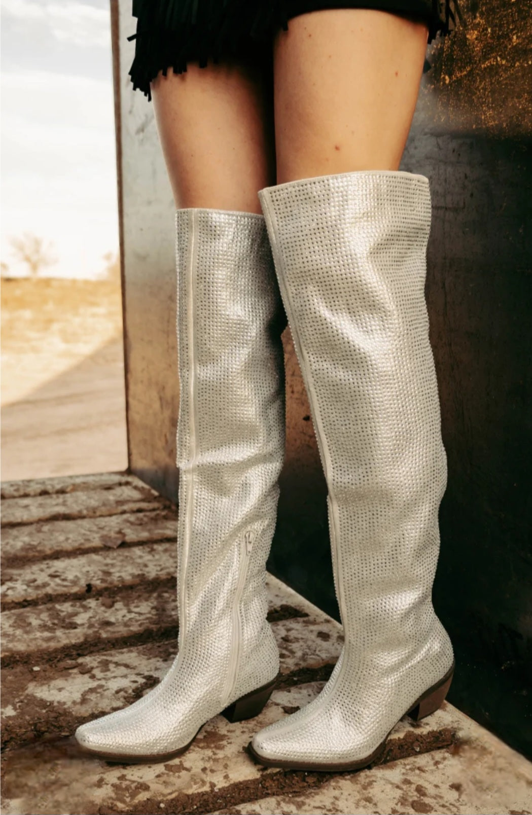 Sterling Kreek Vegas Vibes Over-the-Knee Boots | Silver Rhinestone Faux Leather