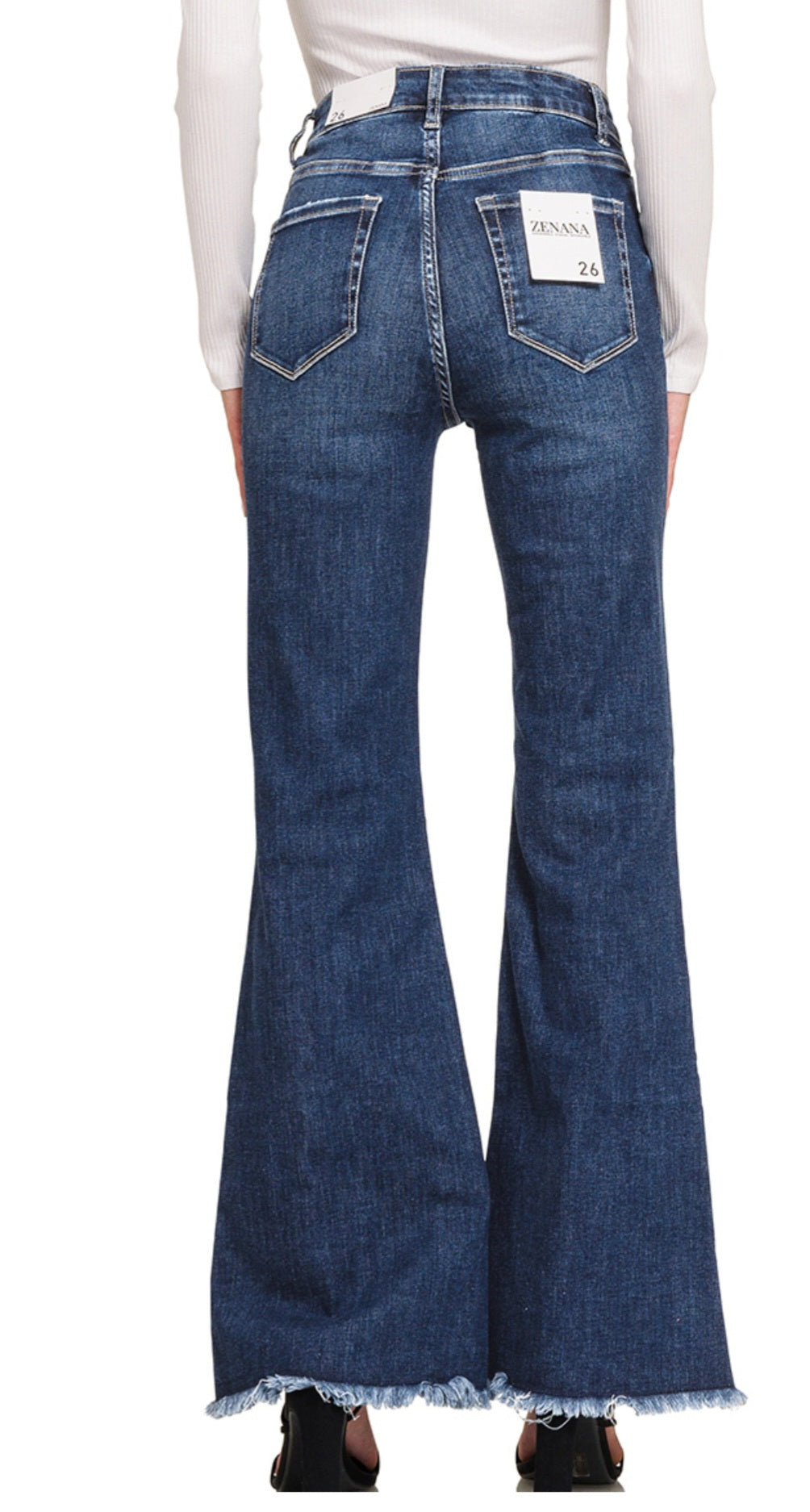 High Waisted Zenana High Rise Bell Bottom Dark Jeans Frayed Hem | Charlotte's Classy Closet