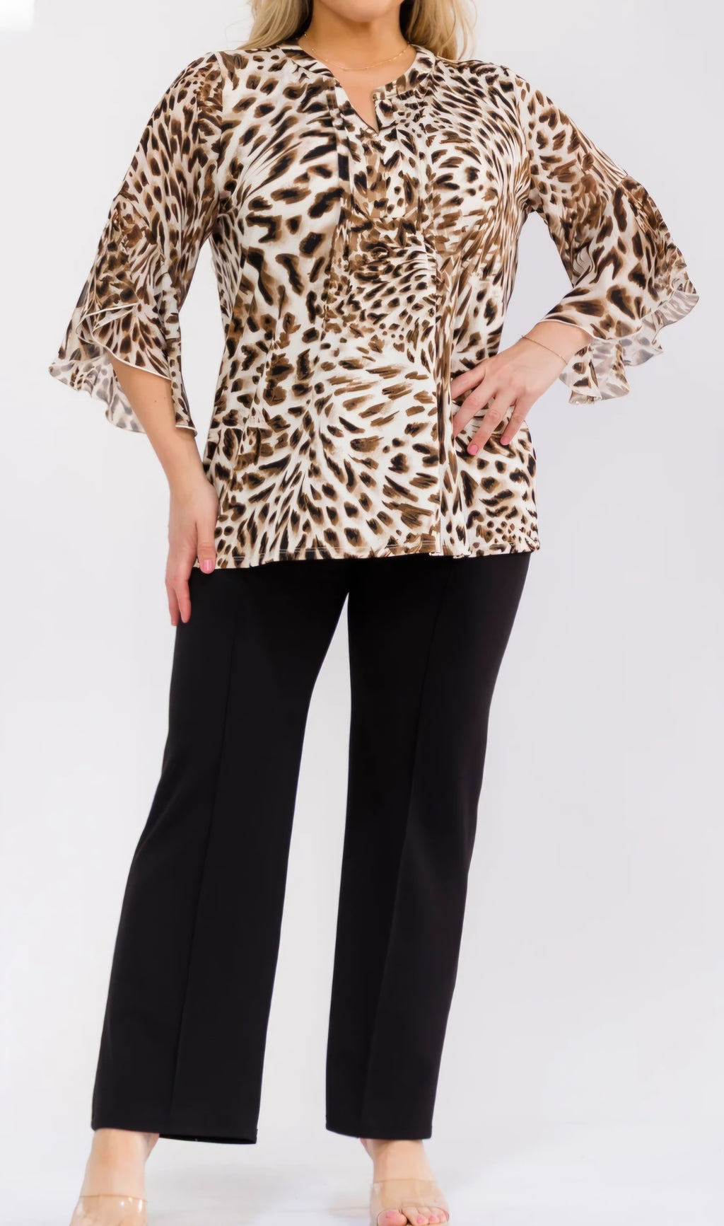 Perseption Plus Size Leopard Print Blouse – Bell Sleeve, Pintuck Front