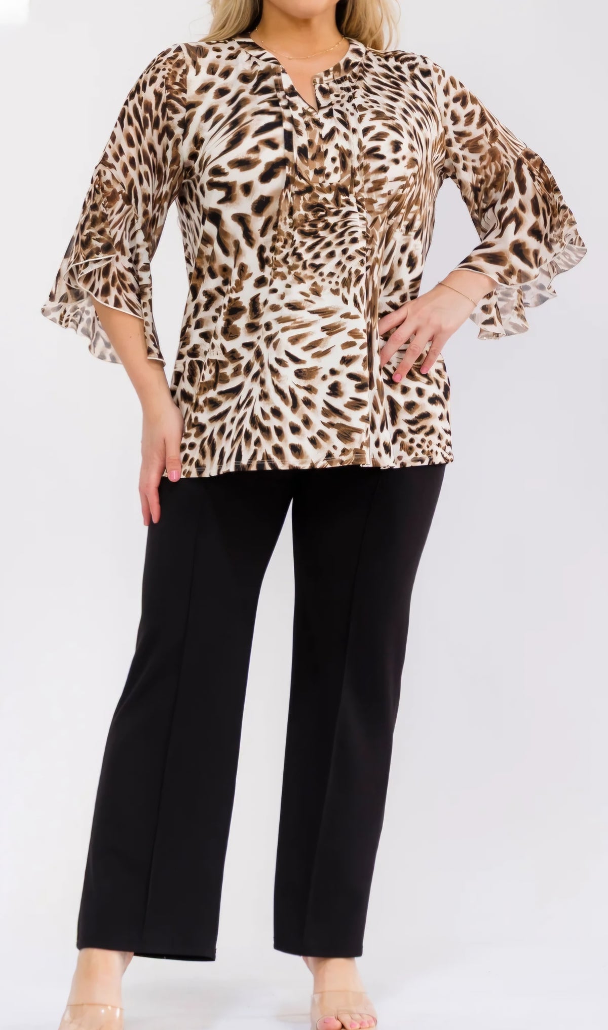 Perseption Plus Size Leopard Print Blouse – Bell Sleeve, Pintuck Front