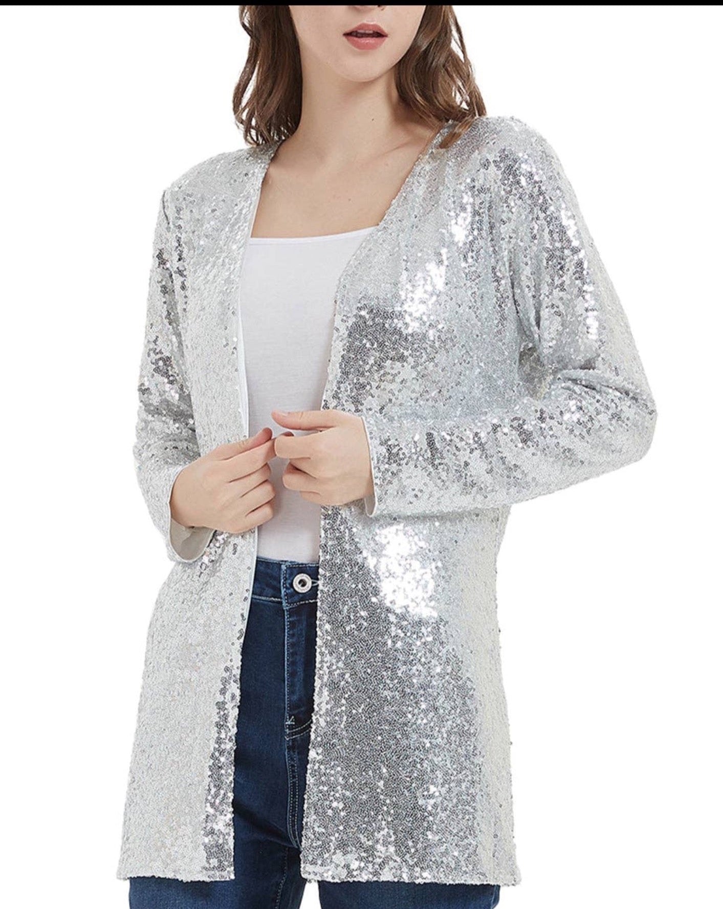 Sequin Cardigan Super Shiny Silver Fully Lined | Charlotte's Classy Closet