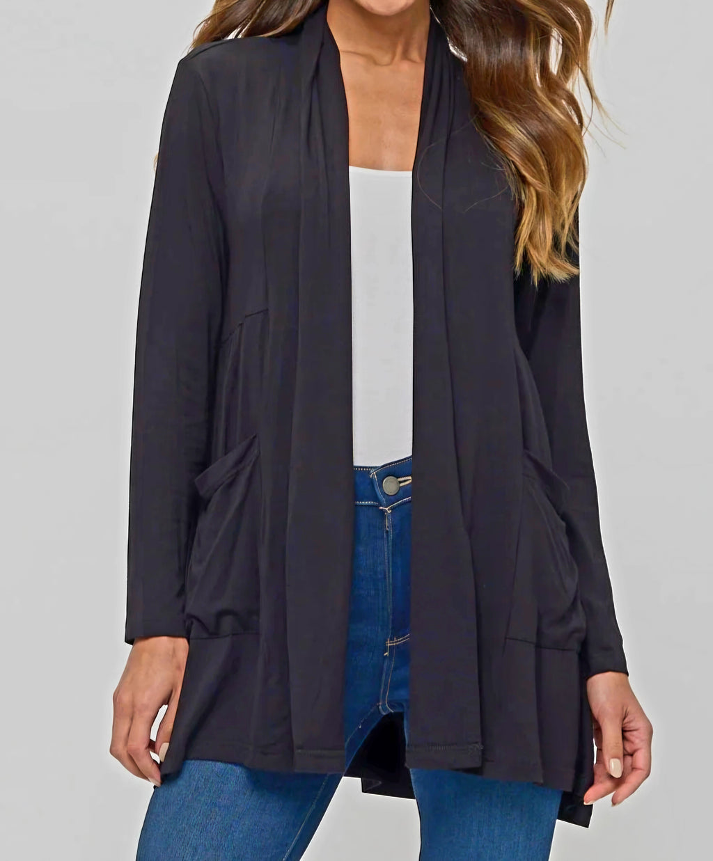 Perseption Black Longline Cardigan – Open Front with Pockets