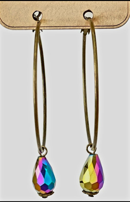 Jewelry Earrings - Pink Panache Bronze Hoop Earrings With Multi Color Purple/Gold/Fuchsia/Blue Crystal Drop Charm