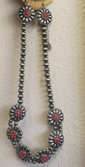 Red Stone Flower Squash Blossom Necklace Set