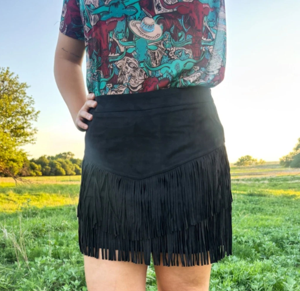Sterling Kreek Fort Worth Black Fringe Skort | Western Mini | Built-In Shorts
