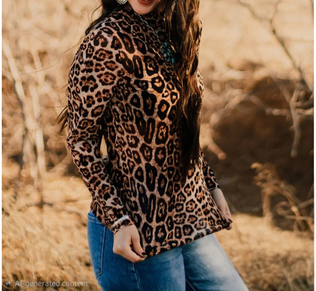 Sterling Kreek Leopard Print Mesh Top | Long Sleeve Mock Neck | Western Style