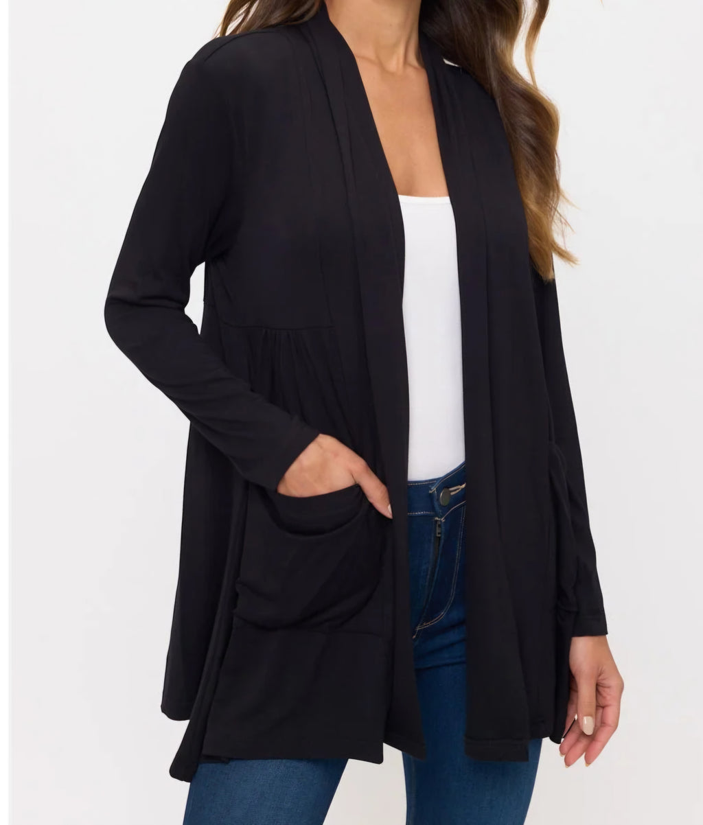 Perseption Black Longline Cardigan – Open Front with Pockets